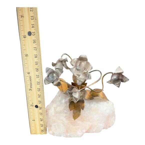 1960s Vintage Metal Flowers On A Pink Stone Mineral Rock Mid Century Figurine - Picture 3 of 10